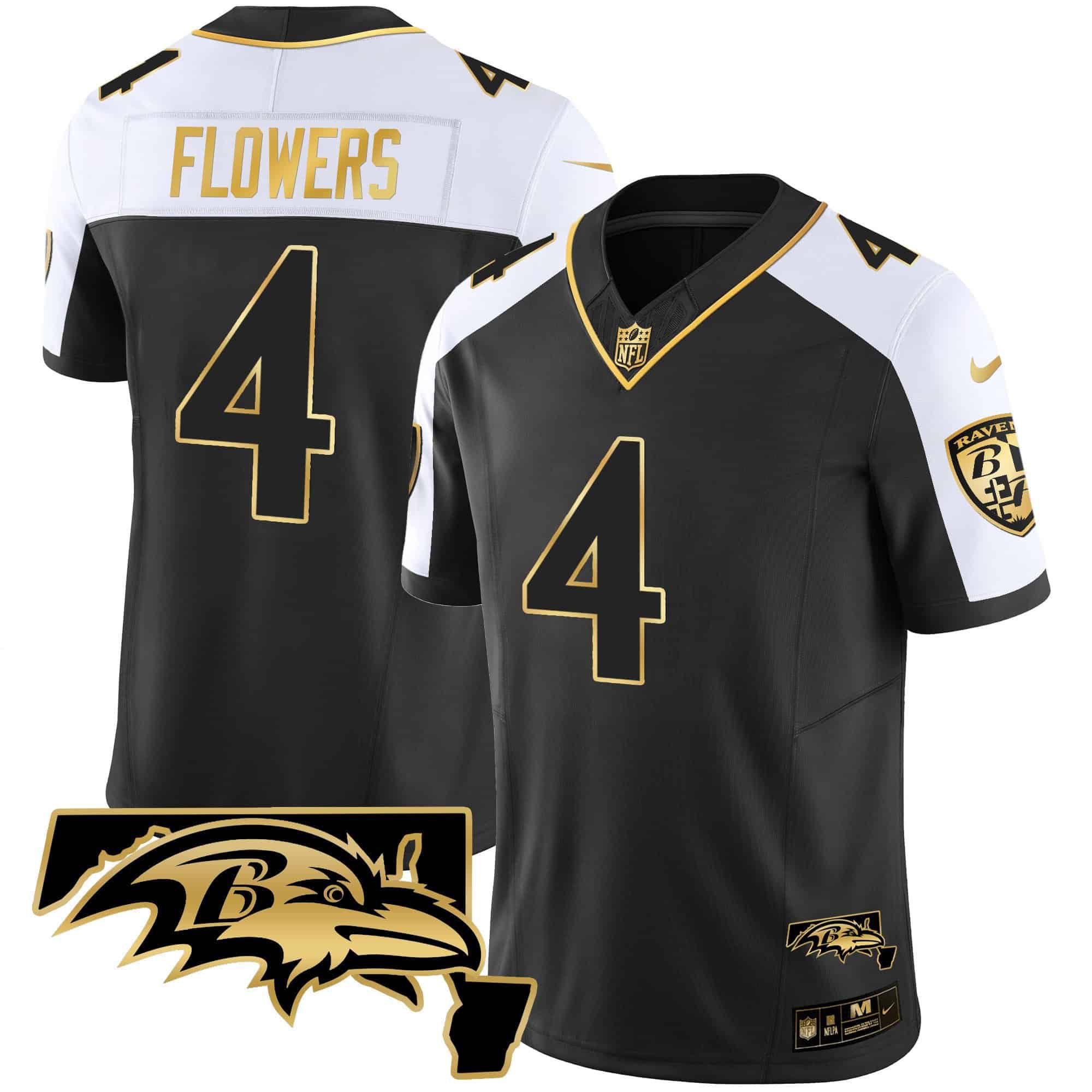 Men Baltimore Ravens #4 Flowers Black Gold 2024 Nike Maryland Patch Vapor Limited NFL Jersey